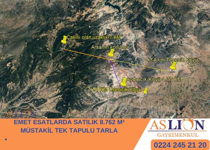 EMET ESATLARDA SATILIK 8.762 M² MÜSTAKİL TEK TAPULU TARLA